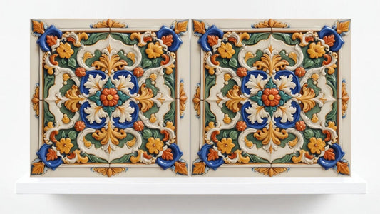 Italian Majolica Floral Tiles - Set of 2 Sicilian Flower Wall Decor -Kitchen Backsplash,Bathroom, Shower Wall,Fireplace,Sink Splashback