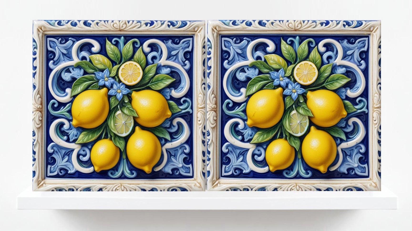 Italian Majolica Lemon Tiles - Set of 2 Mediterranean Wall Decor Tiles -Kitchen Backsplash,Bathroom,Shower Wall,Fireplace,Sink Splashback