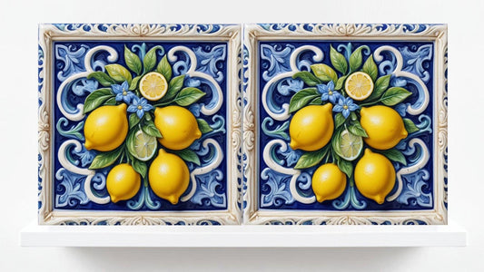 Italian Majolica Lemon Tiles - Set of 2 Mediterranean Wall Decor Tiles -Kitchen Backsplash,Bathroom,Shower Wall,Fireplace,Sink Splashback