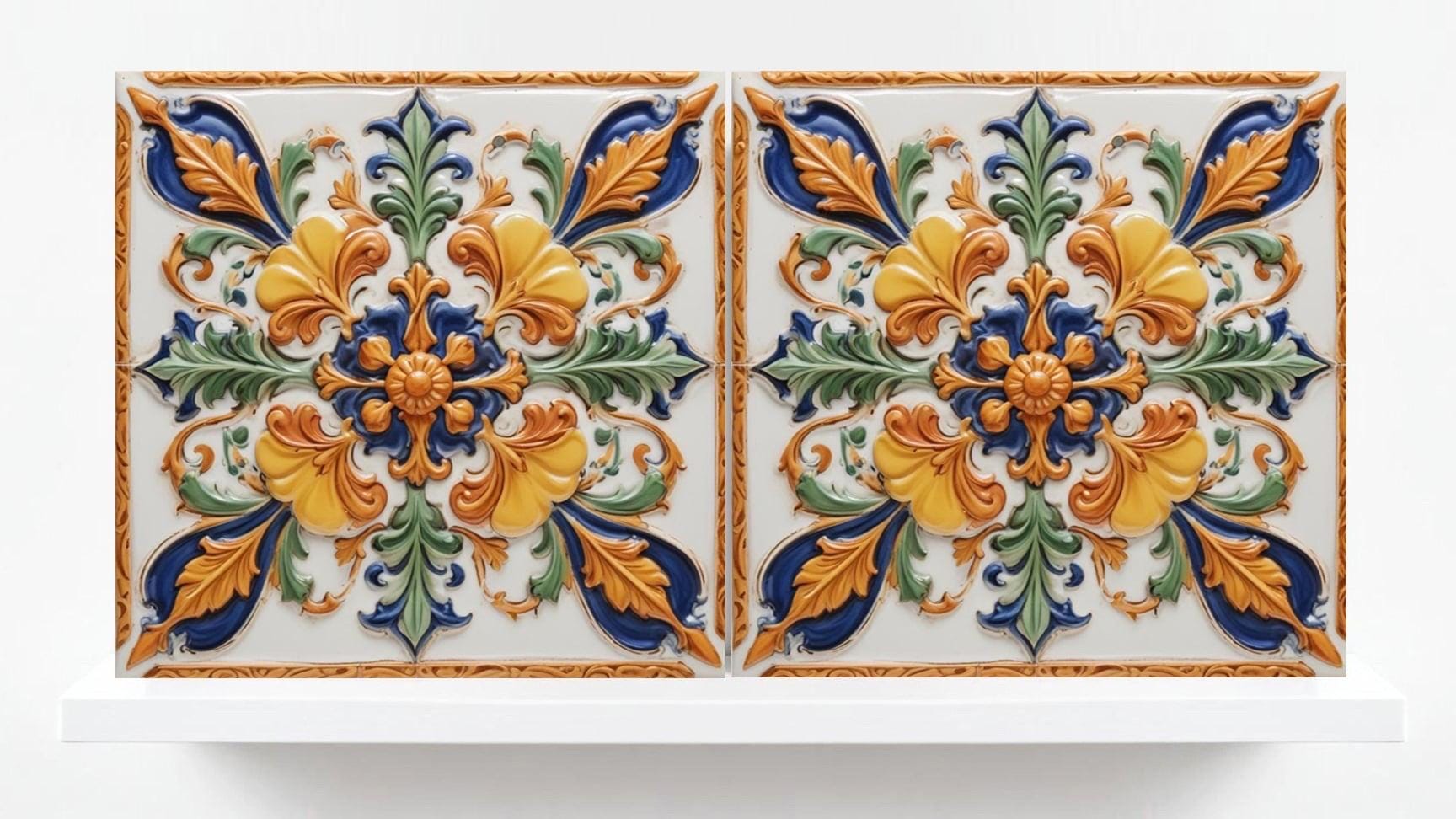 Italian Majolica Tiles - Set of 2 Sicilian Wall Decor Tile - Kitchen Backsplash, Sink Splashback,Bathroom,Shower Wall Art,Fireplace,Coaster