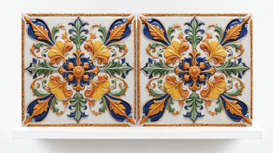 Italian Majolica Tiles - Set of 2 Sicilian Wall Decor Tile - Kitchen Backsplash, Sink Splashback,Bathroom,Shower Wall Art,Fireplace,Coaster