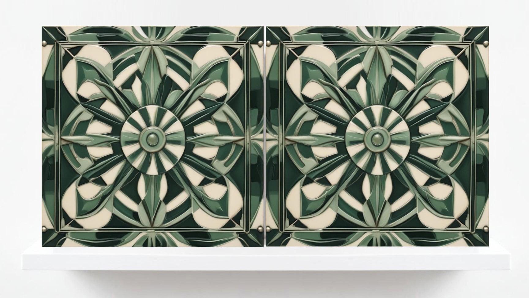 Art Deco Ceramic Tiles Green-Set of 2 Retro Wall Decor Geometric Tiles -Kitchen Backsplash,Shower,Bathroom Wall,Sink Splashback,Fireplace