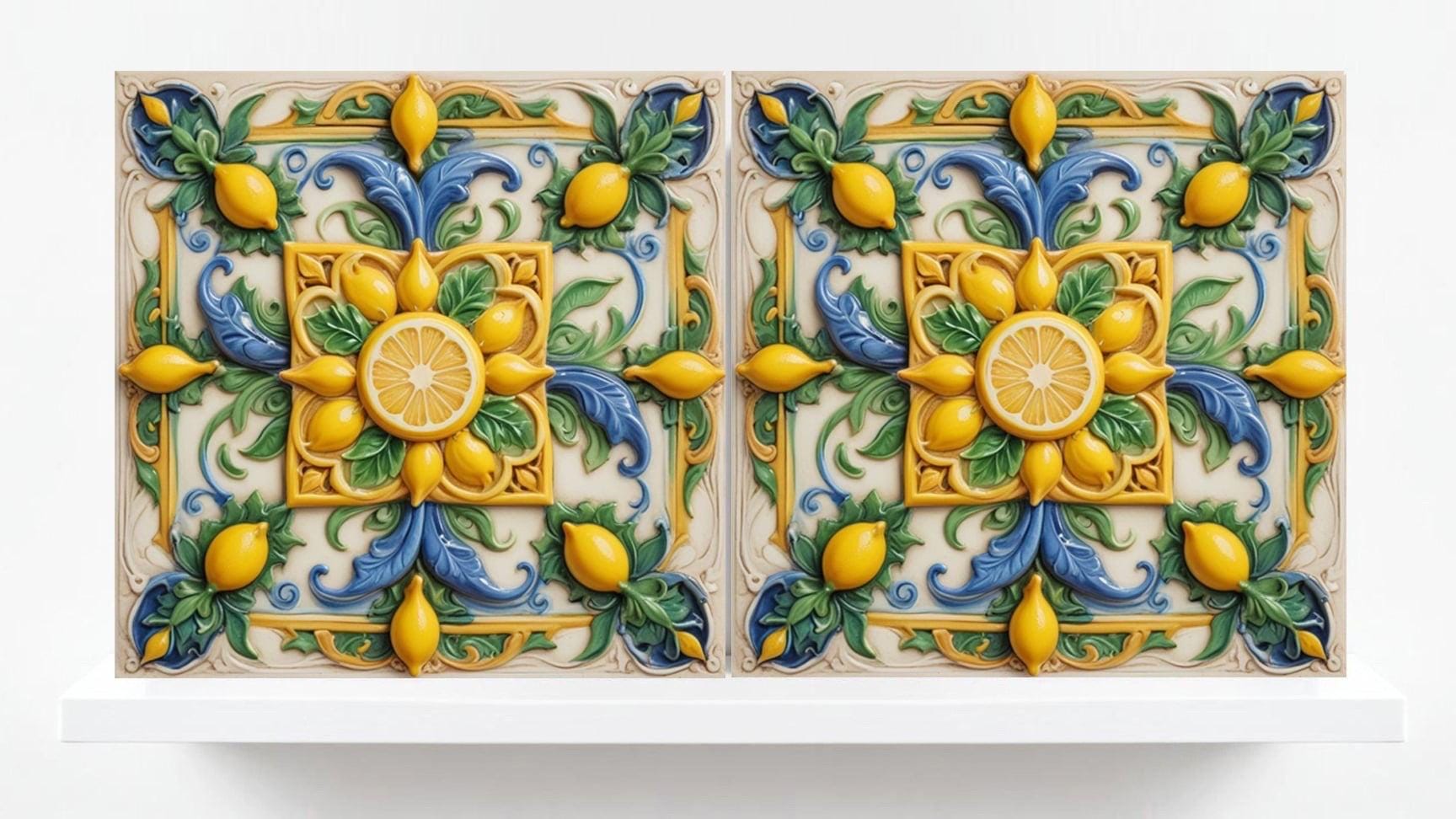 Italian Majolica Lemon Tiles - Set of 2 Mediterranean Flower Wall Decor -Kitchen Backsplash,Bathroom, Shower Wall,Fireplace,Sink Splashback