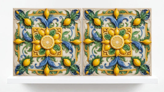 Italian Majolica Lemon Tiles - Set of 2 Mediterranean Flower Wall Decor -Kitchen Backsplash,Bathroom, Shower Wall,Fireplace,Sink Splashback