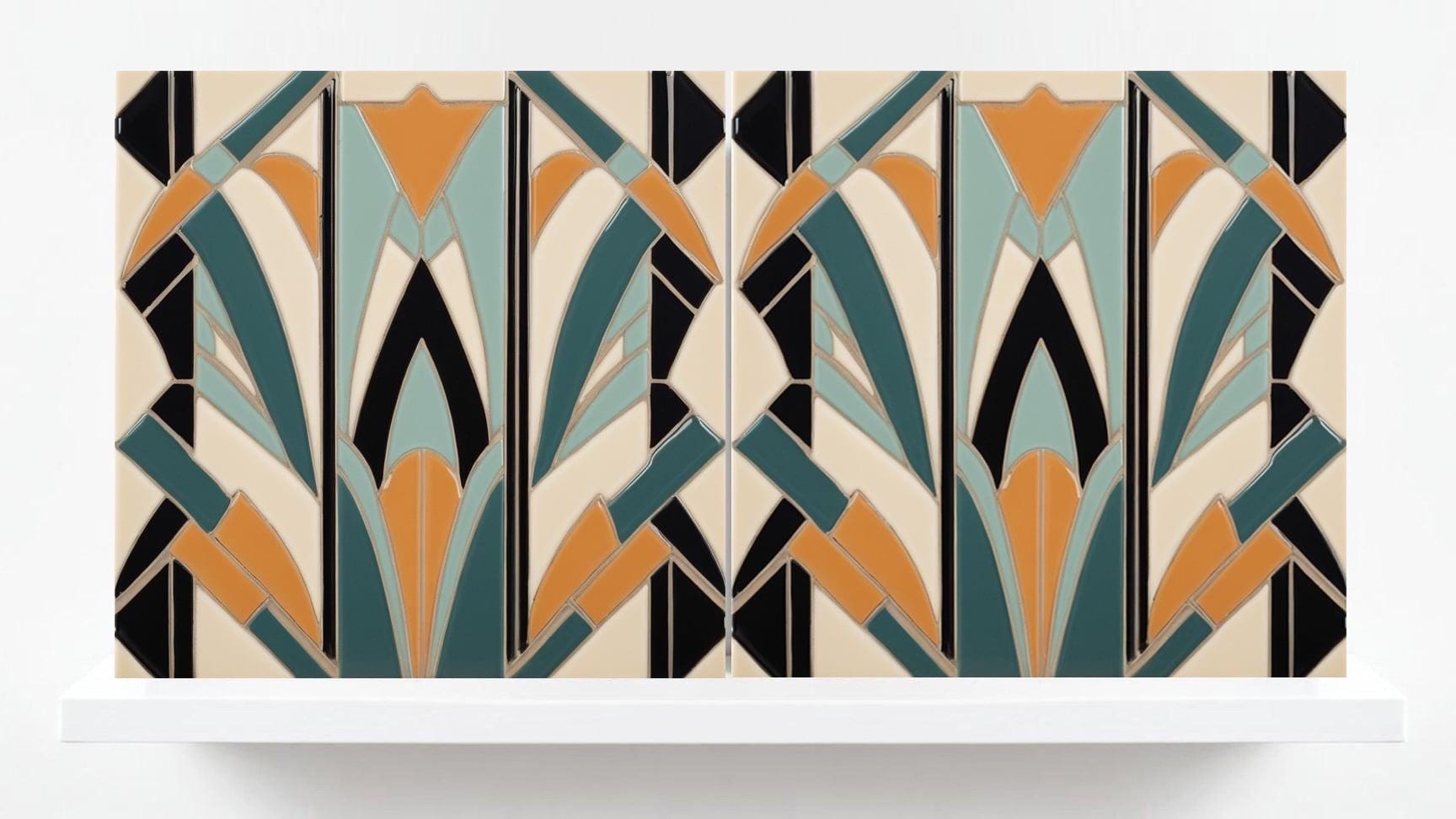 Art Deco Ceramic tiles - Set of 2 Art Deco Wall Decor Geometric Tiles - Kitchen Backsplash, Bathroom, Shower Wall,Sink Splashback, Fireplace