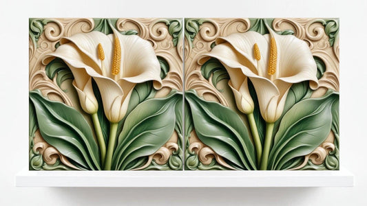 Calla Lily Tile Art Nouveau Tiles - Set of 2 - Flower Botanical Art Flat Print Ceramic Tiles -Kitchen Backsplash, Bathroom,Sink Splashback