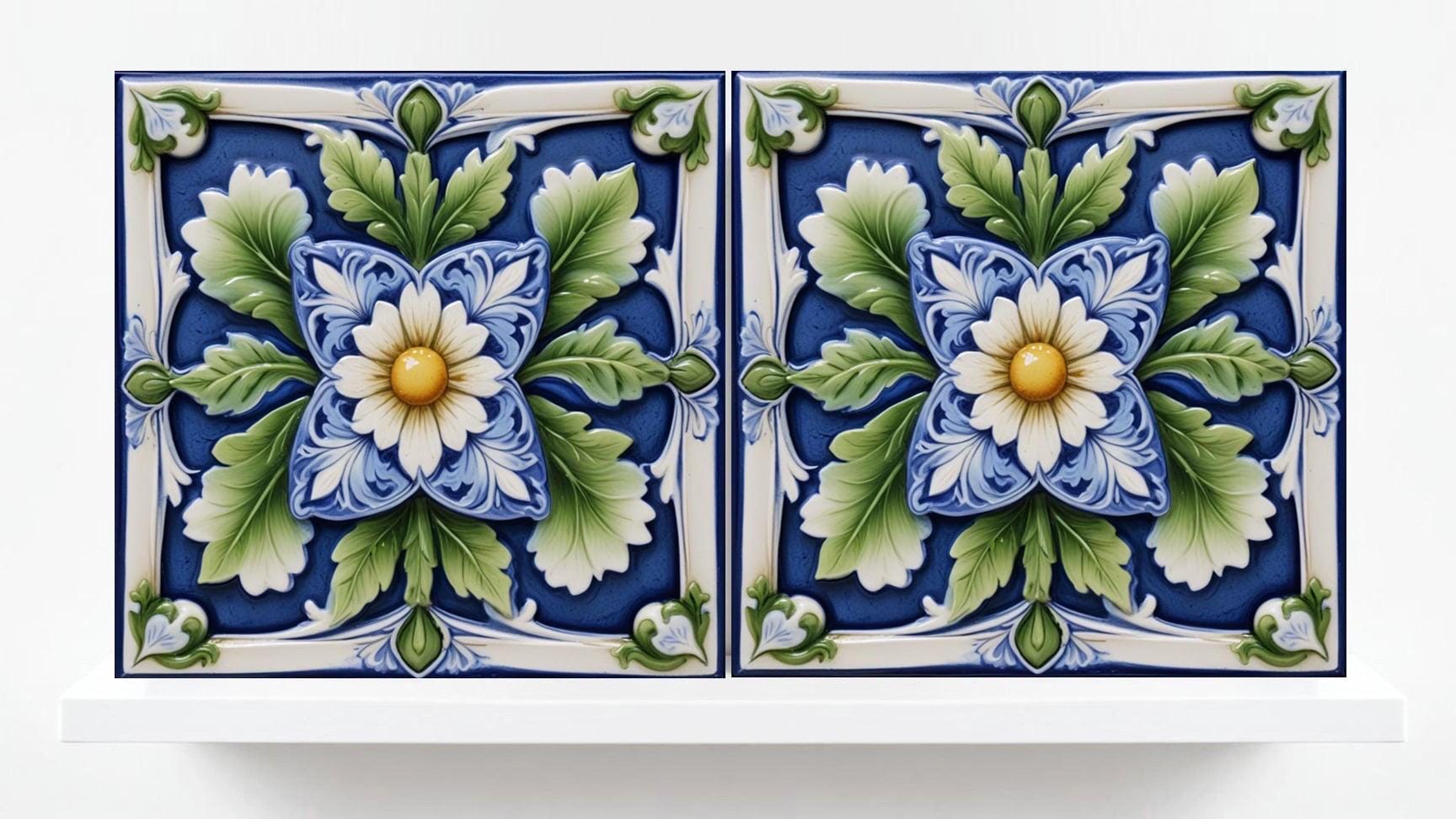Italian Majolica Tiles Flower -Set of 2 Sicilian Wall Decor Tiles-Kitchen Backsplash Tiles, Sink Splashback,Bathroom,Shower Wall Art,Coaster