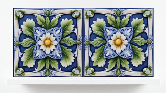 Italian Majolica Tiles Flower -Set of 2 Sicilian Wall Decor Tiles-Kitchen Backsplash Tiles, Sink Splashback,Bathroom,Shower Wall Art,Coaster