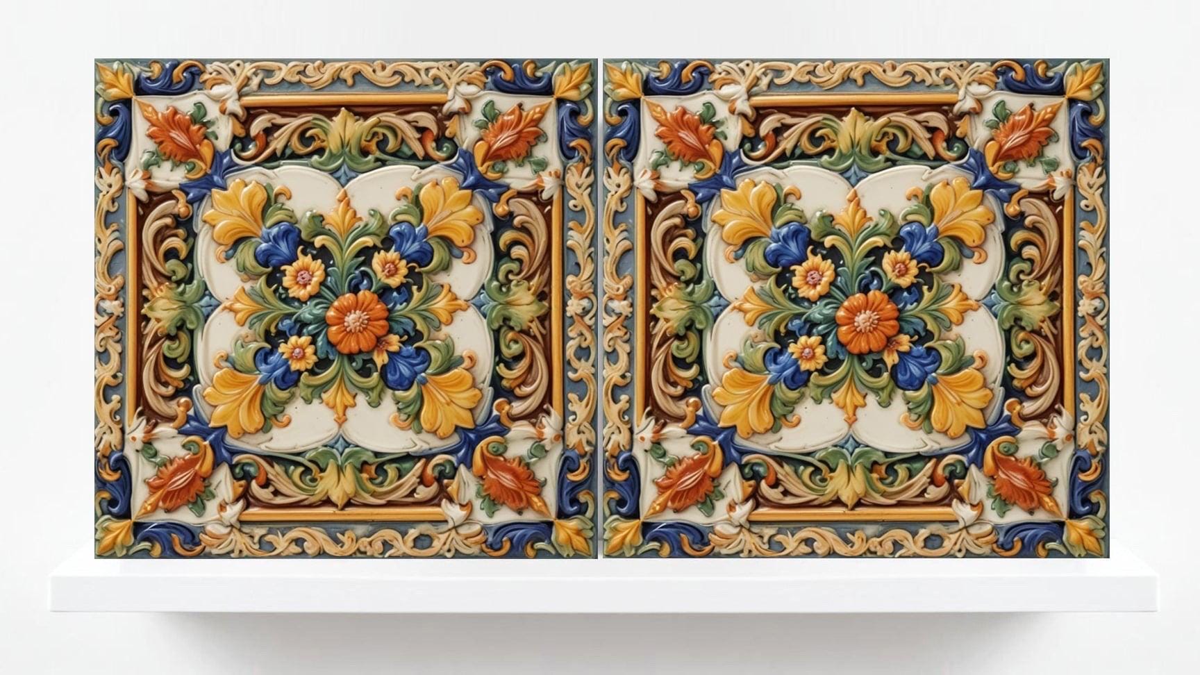 Italian Majolica Floral Tiles -Set of 2 Sicilian Tiles flower Wall Decor -Kitchen Backsplash,Bathroom, Shower Wall,Fireplace,Sink Splashback