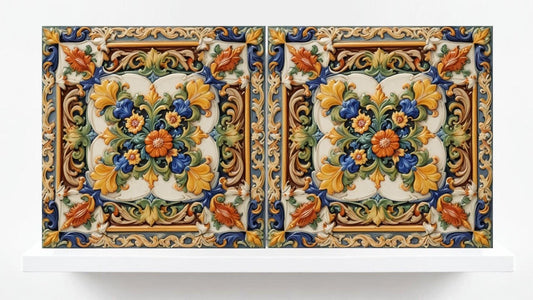 Italian Majolica Floral Tiles -Set of 2 Sicilian Tiles flower Wall Decor -Kitchen Backsplash,Bathroom, Shower Wall,Fireplace,Sink Splashback