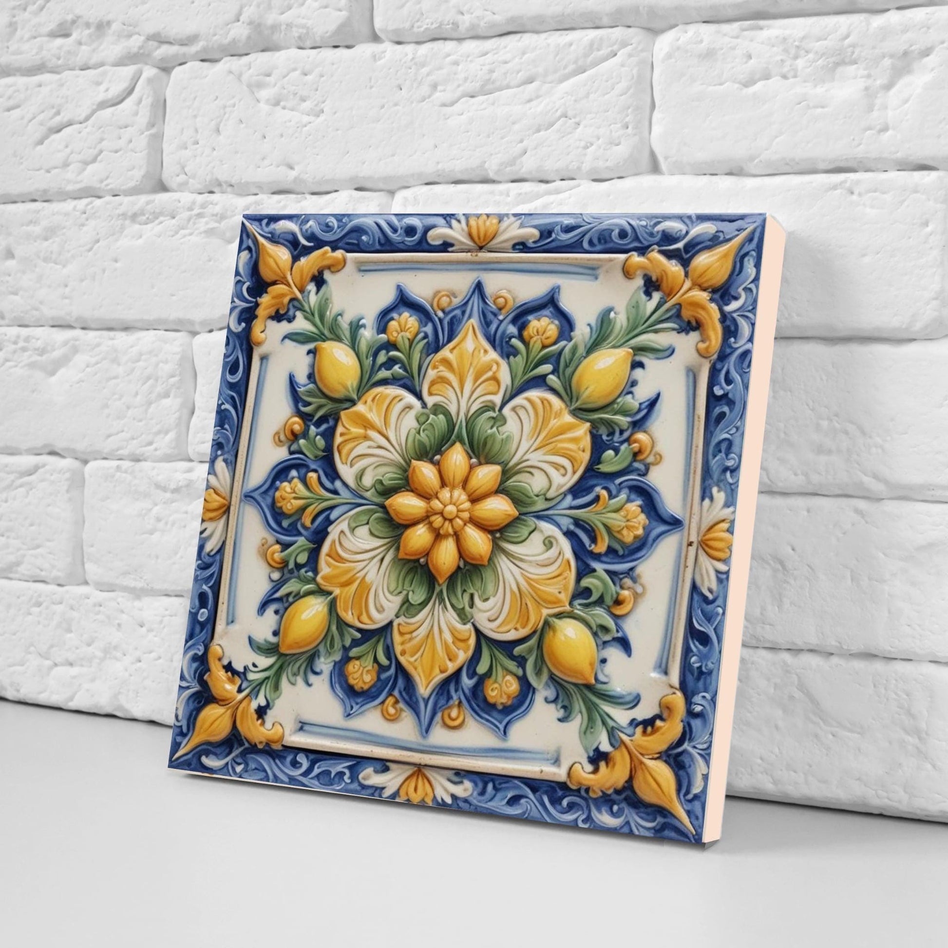Italian Majolica Tiles Flower -Set of 2 Sicilian Wall Decor Tiles-Kitchen Backsplash Tiles, Sink Splashback,Bathroom,Shower Wall Art,Coaster