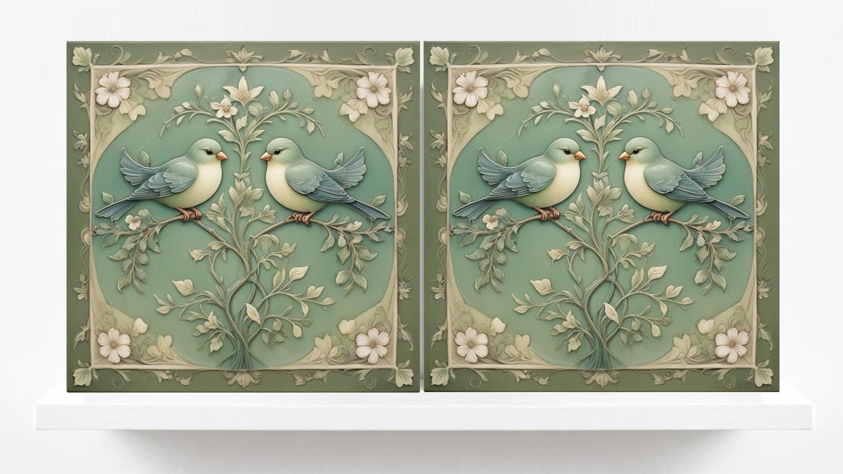 Art Nouveau Green Bird and Flower Ceramic tiles -Set of 2 Botanical Tiles Birds Wall Decor ,Birds Tiles -Kitchen Backsplash Tiles,Bathroom