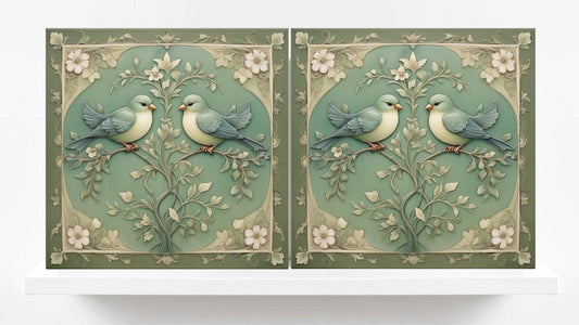 Art Nouveau Green Bird and Flower Ceramic tiles -Set of 2 Botanical Tiles Birds Wall Decor ,Birds Tiles -Kitchen Backsplash Tiles,Bathroom