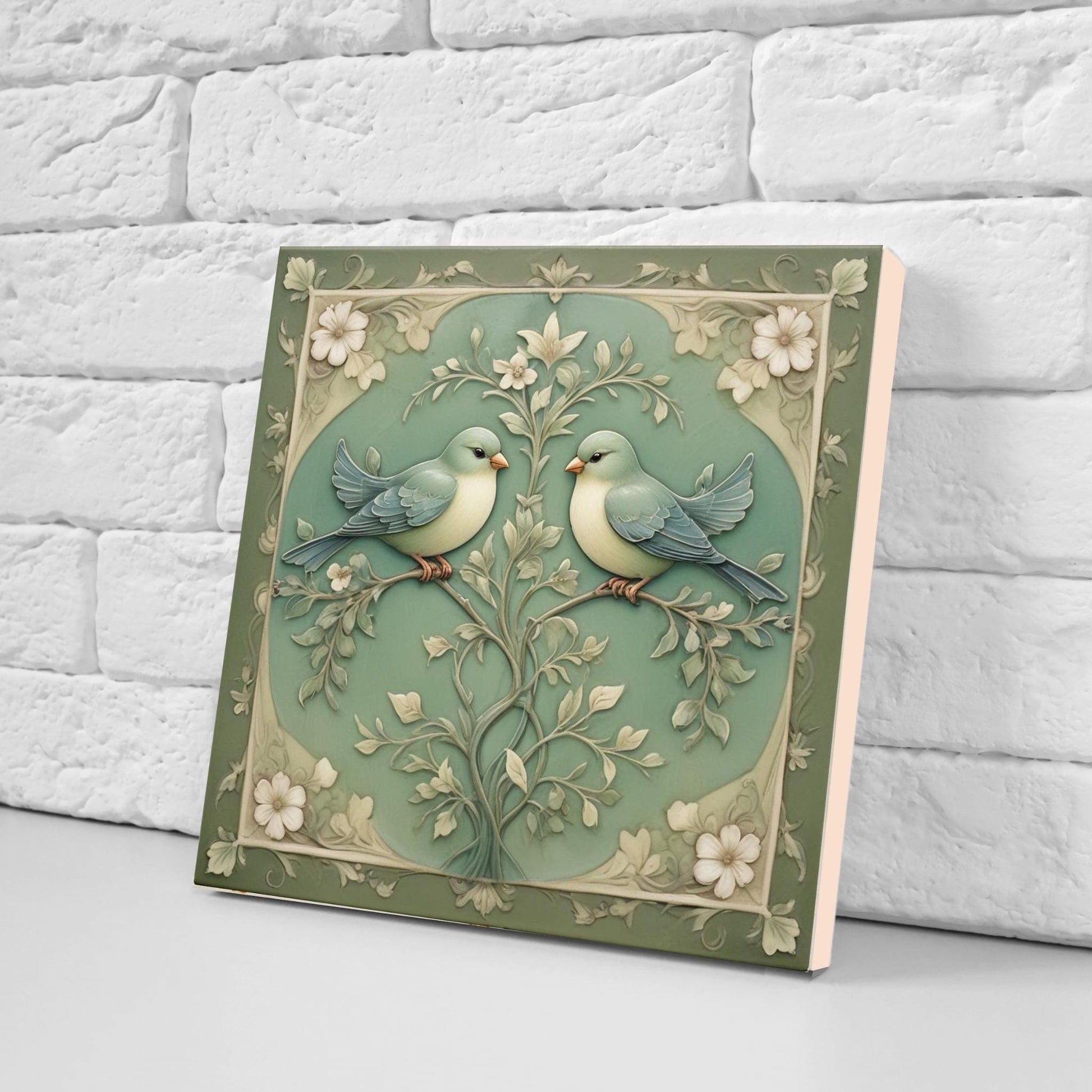 Art Nouveau Green Bird and Flower Ceramic tiles -Set of 2 Botanical Tiles Birds Wall Decor ,Birds Tiles -Kitchen Backsplash Tiles,Bathroom