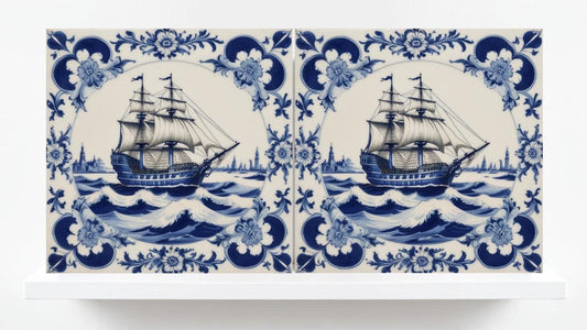 Delft Blue Ceramic Tile - Set of 2 Ceramic Delftware Tiles-Delft Tile with Ship - Delft Prints- Kitchen Backsplash,Sink,Bathroom,Shower Wall