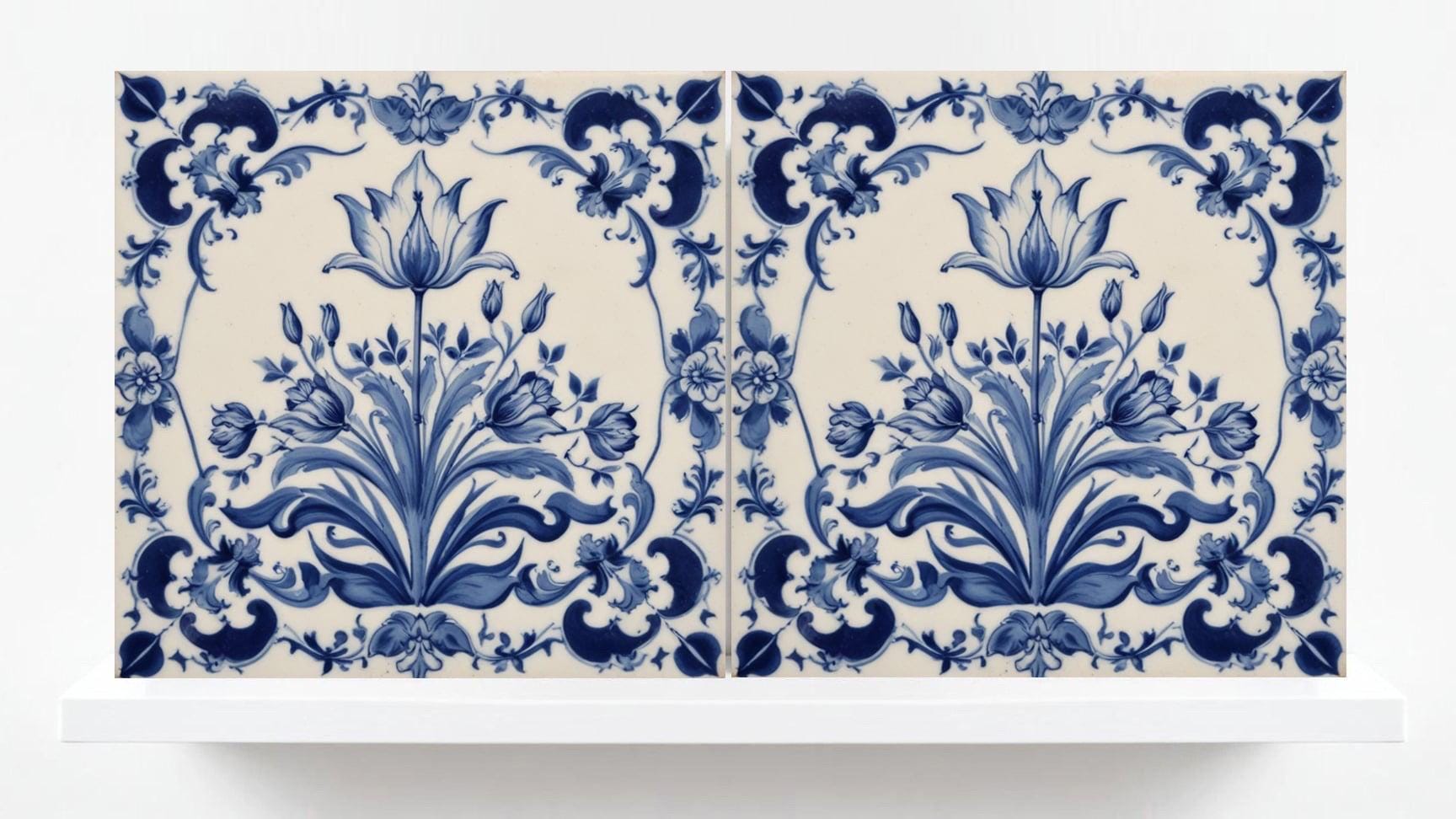 Delft Tulip Tile - Delft Blue Tile - Set of 2 Ceramic Delftware Tiles- Flower Tiles - Delft Prints Wall - Kitchen Backsplash, Sink,Bathroom