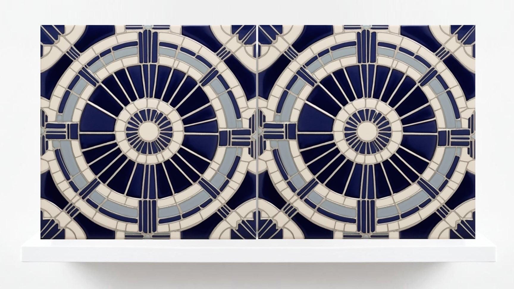 Art Deco Ceramic tiles Blue - Set of 2 Art Deco Wall Decor Geometric Tiles - Kitchen Backsplash , Bathroom, Sink Splashback, Accent Wall Art