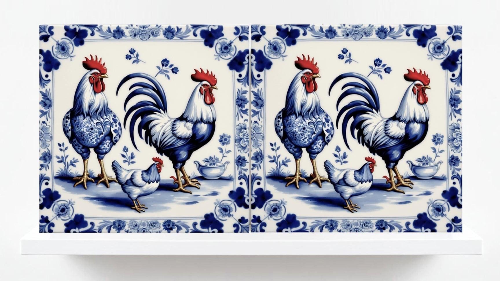 Rooster Tile-Delft Bird-Dutch Blue Ceramic Tile - Set of 2 Ceramic Delftware Tiles-Delft Prints-Kitchen Backsplash,Sink,Bathroom,Shower Wall