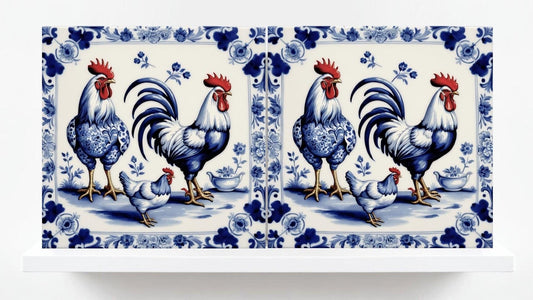 Rooster Tile-Delft Bird-Dutch Blue Ceramic Tile - Set of 2 Ceramic Delftware Tiles-Delft Prints-Kitchen Backsplash,Sink,Bathroom,Shower Wall