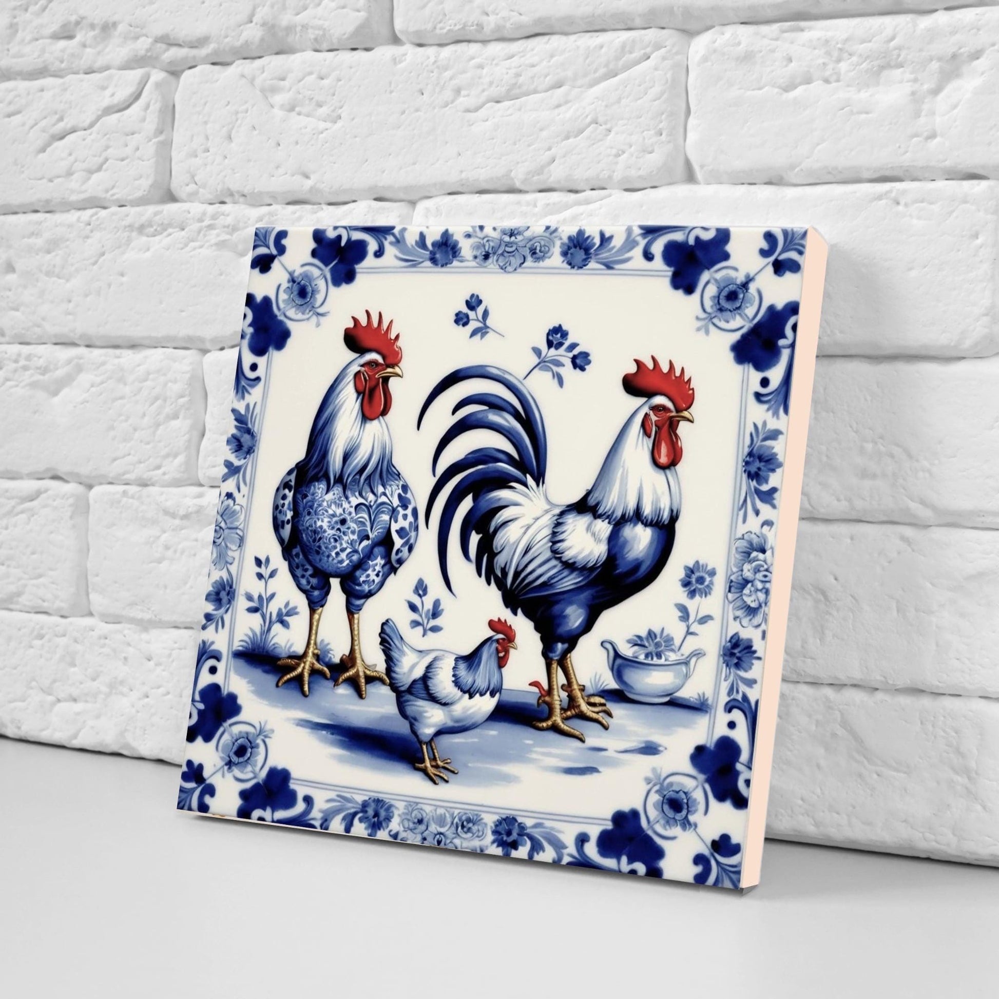 Rooster Tile-Delft Bird-Dutch Blue Ceramic Tile - Set of 2 Ceramic Delftware Tiles-Delft Prints-Kitchen Backsplash,Sink,Bathroom,Shower Wall