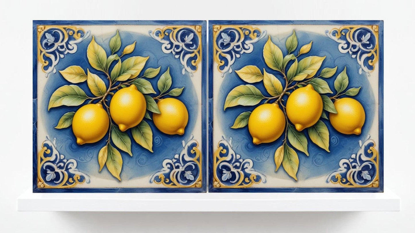 Lemon Tile - Blue Majolica - Set of 2 Italian Wall Decor Tiles - Kitchen Backsplash,Shower,Bathroom Wall,Sink Splashback, Coaster,Fireplace