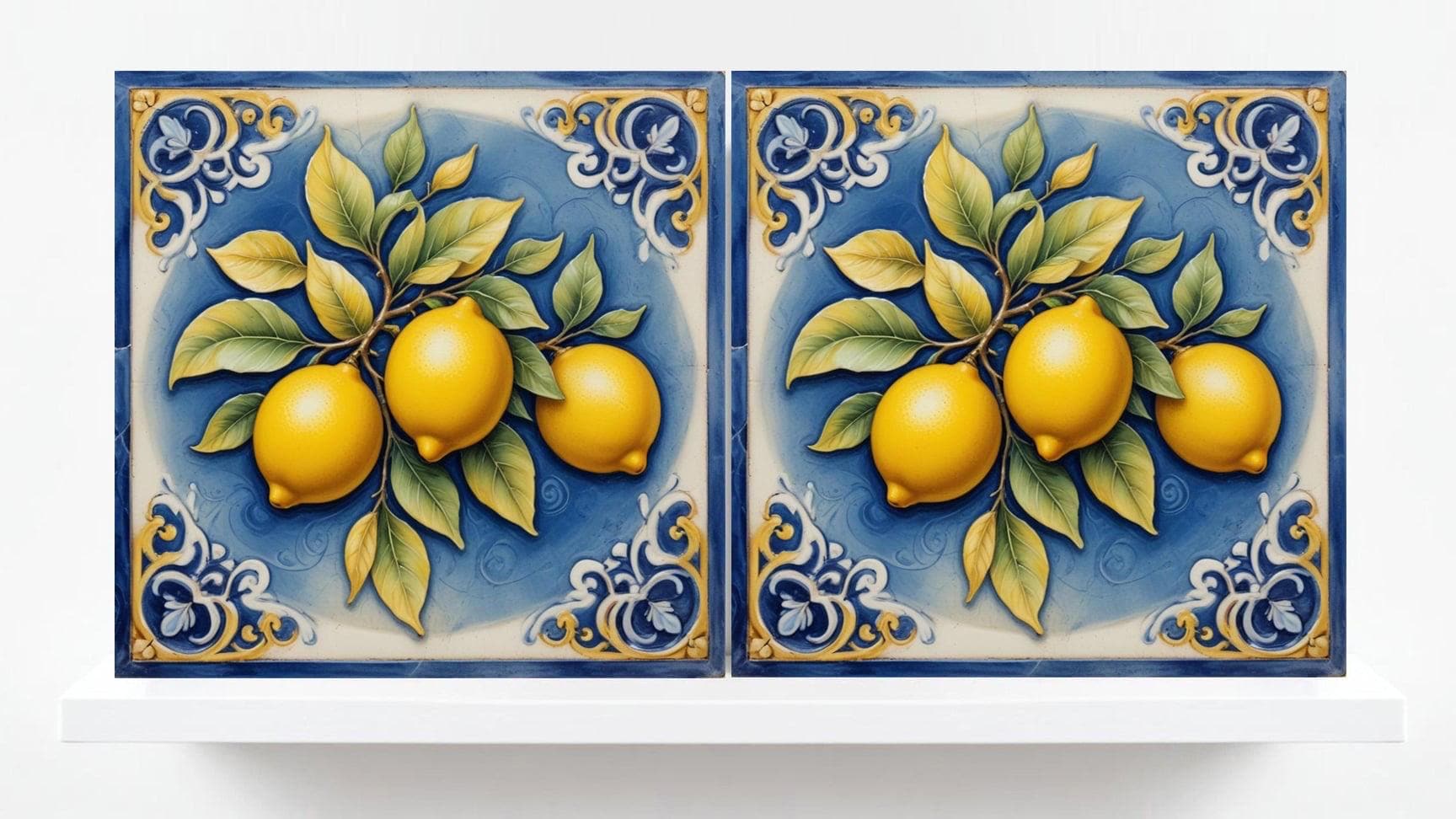 Lemon Tile - Blue Majolica - Set of 2 Italian Wall Decor Tiles - Kitchen Backsplash,Shower,Bathroom Wall,Sink Splashback, Coaster,Fireplace