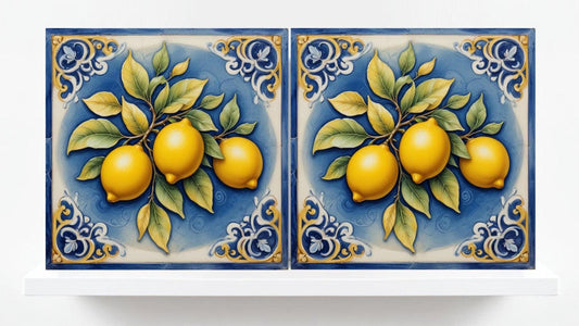 Lemon Tile - Blue Majolica - Set of 2 Italian Wall Decor Tiles - Kitchen Backsplash,Shower,Bathroom Wall,Sink Splashback, Coaster,Fireplace