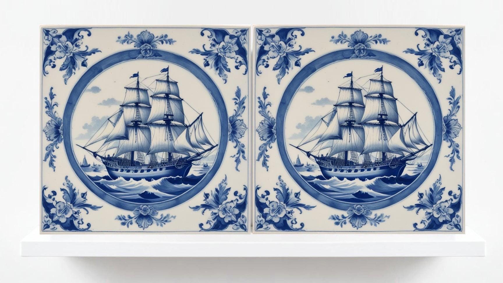 Delft Blue Ceramic Tile - Set of 2 Ceramic Delftware Tiles-Delft Tile with Ship - Delft Prints- Kitchen Backsplash,Sink,Bathroom,Shower Wall