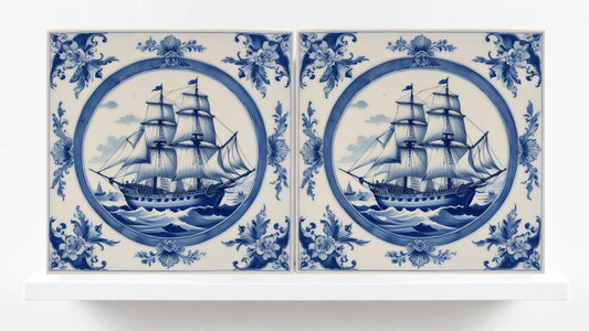 Delft Blue Ceramic Tile - Set of 2 Ceramic Delftware Tiles-Delft Tile with Ship - Delft Prints- Kitchen Backsplash,Sink,Bathroom,Shower Wall