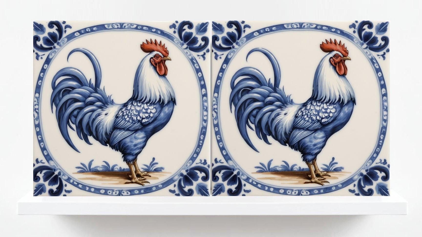 Rooster Tile-Delft Bird-Dutch Blue Ceramic Tile - Set of 2 Ceramic Delftware Tiles-Delft Prints-Kitchen Backsplash,Sink,Bathroom,Shower Wall