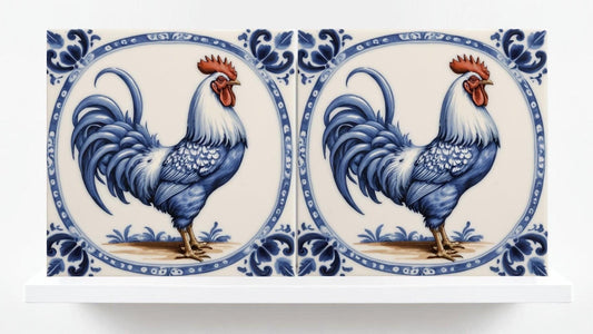 Rooster Tile-Delft Bird-Dutch Blue Ceramic Tile - Set of 2 Ceramic Delftware Tiles-Delft Prints-Kitchen Backsplash,Sink,Bathroom,Shower Wall