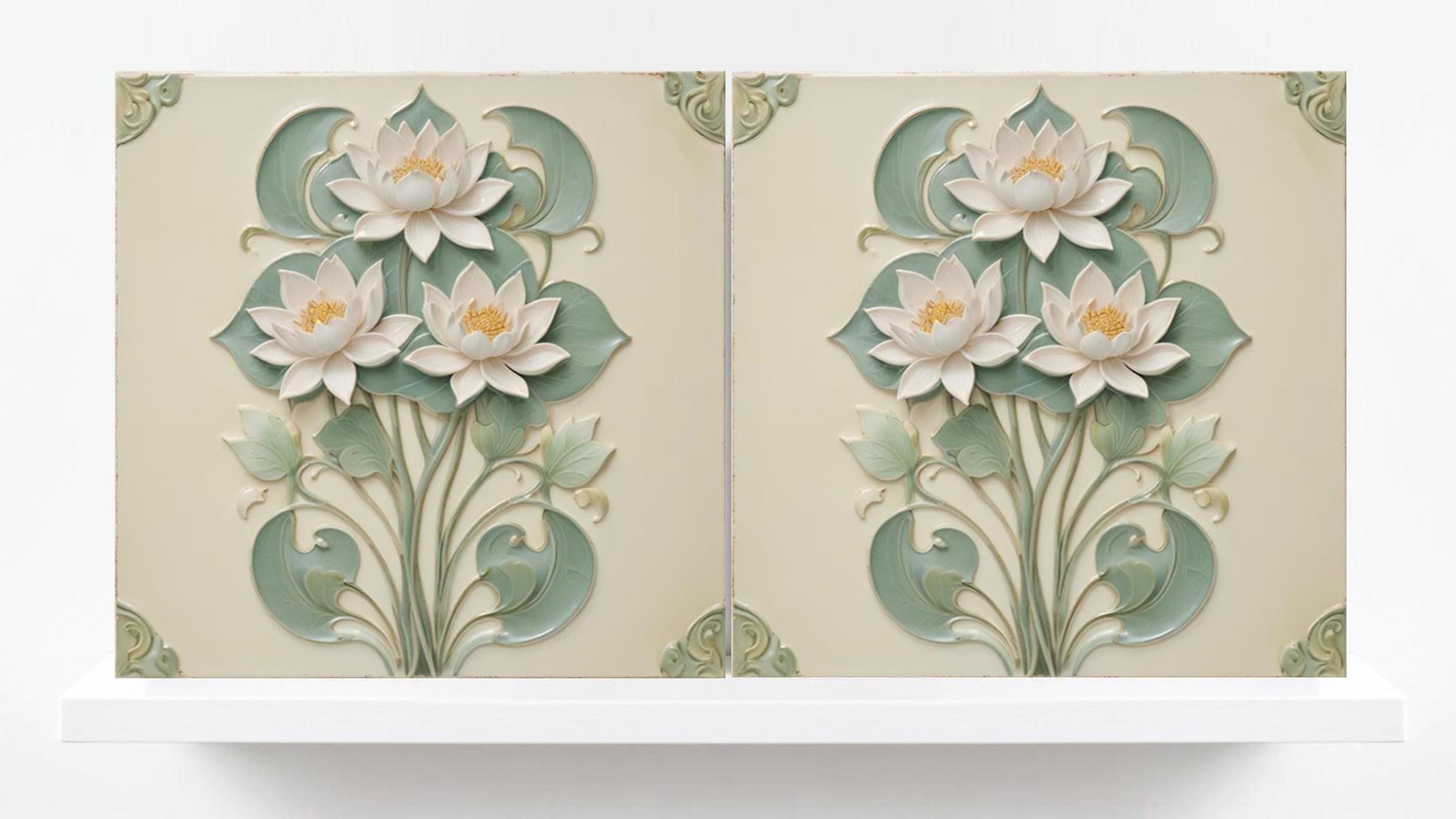Lotus Tile Art Nouveau Flower Ceramic Tiles-Set of 2 Art Nouveau Wall Decor Tiles - Kitchen Backsplash Tiles,Shower,Bathroom,Sink Splashback