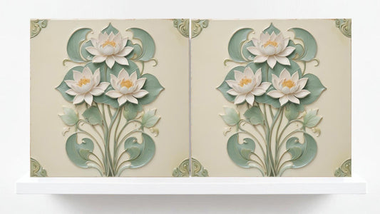 Lotus Tile Art Nouveau Flower Ceramic Tiles-Set of 2 Art Nouveau Wall Decor Tiles - Kitchen Backsplash Tiles,Shower,Bathroom,Sink Splashback
