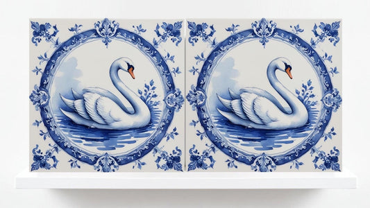 Delft Blue Tile Animal - Bird Tile - Set of 2 Ceramic Delftware Tiles-Delft Prints-Swan Tile - Kitchen Backsplash,Sink,Bathroom,Shower Wall