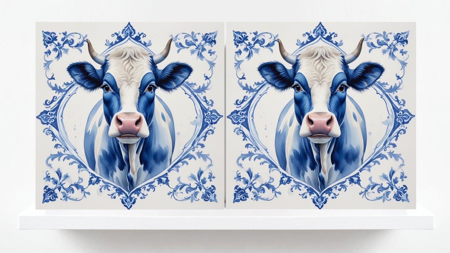 Delft Blue Tile Animal-Cow Tile -Set of 2 Ceramic Delftware Tiles-Delft Prints Countryside Wall Art,Kitchen Backsplash,Sink,Bathroom,Shower