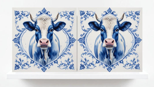 Delft Blue Tile Animal-Cow Tile -Set of 2 Ceramic Delftware Tiles-Delft Prints Countryside Wall Art,Kitchen Backsplash,Sink,Bathroom,Shower