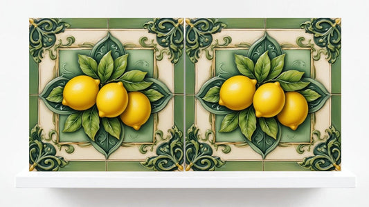 Italian Majolica Lemon Tiles - Set of 2 Mediterranean Wall Decor Tiles -Kitchen Backsplash,Bathroom,Shower Wall,Fireplace, Sink Splashback