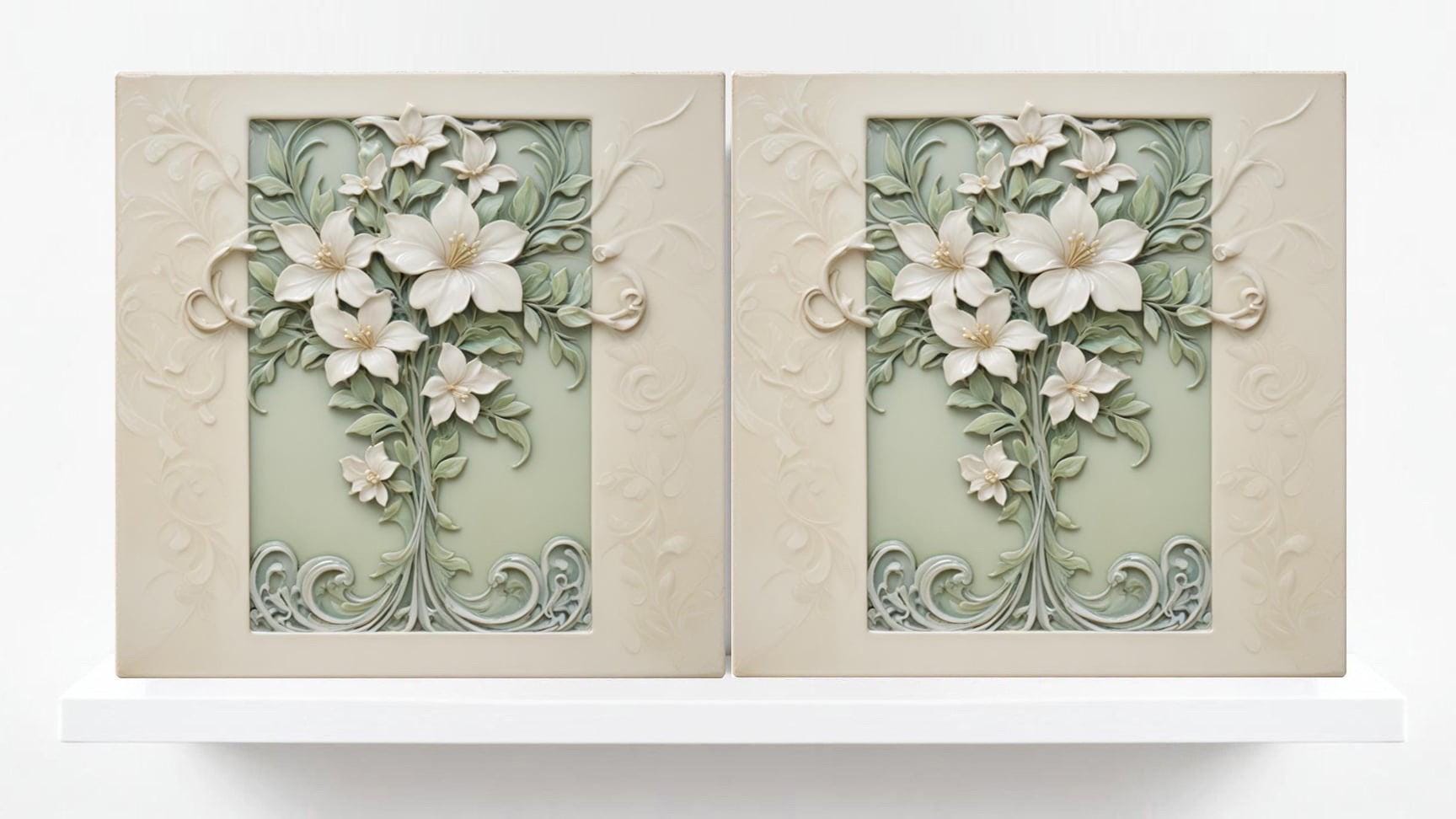 Jasmine Tile Art Nouveau Flower Ceramic tiles - Set of 2 Wall Decor Tiles - Botanical Print, Kitchen Backsplash Tiles,Bathroom Shower Decor