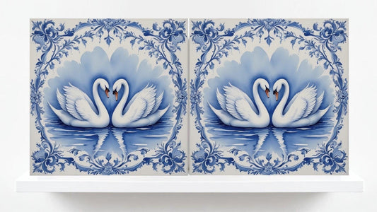 Delft Blue Tile Animal - Bird Tile - Set of 2 Ceramic Delftware Tiles-Delft Prints-Swan Tile - Kitchen Backsplash,Sink,Bathroom,Shower Wall