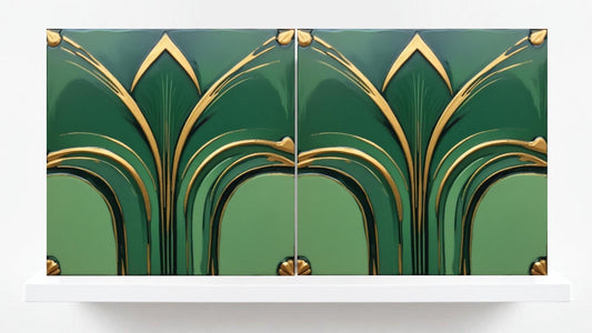 Art Deco Green Tiles-Set of 2 Art Deco Ceramic Wall Decor Geometric Tiles -Kitchen Backsplash,Shower,Bathroom Wall,Sink Splashback,Fireplace