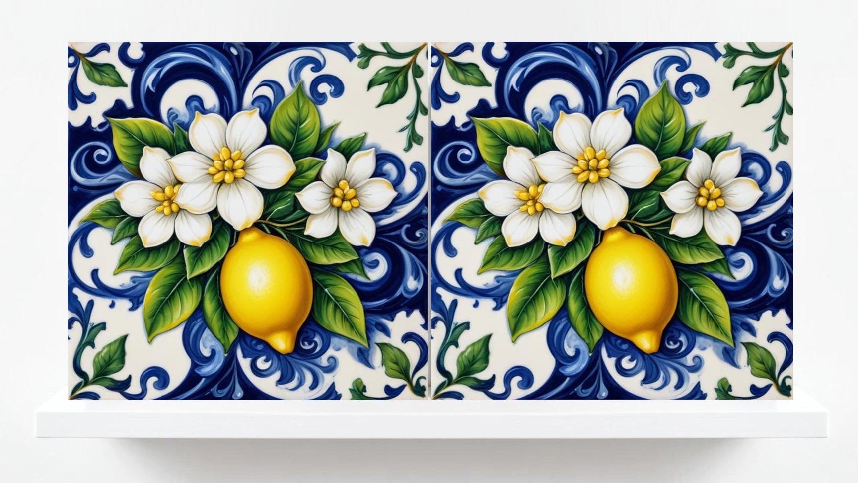 Italian Majolica Lemon Tiles - Set of 2 Mediterranean Flower Wall Decor -Kitchen Backsplash,Bathroom, Shower Wall,Fireplace,Sink Splashback
