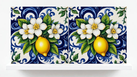 Italian Majolica Lemon Tiles - Set of 2 Mediterranean Flower Wall Decor -Kitchen Backsplash,Bathroom, Shower Wall,Fireplace,Sink Splashback