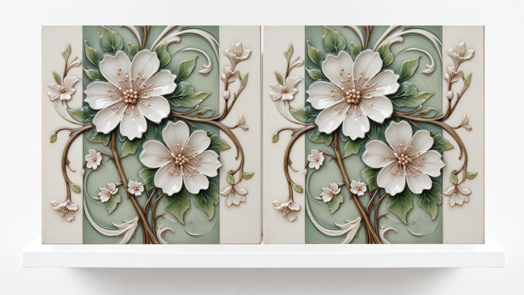 Art Nouveau Flower Ceramic Tiles - Set of 2 Botanical Wall Decor Tiles - Kitchen Backsplash,Shower, Bathroom Wall,Sink Splashback, Fireplace