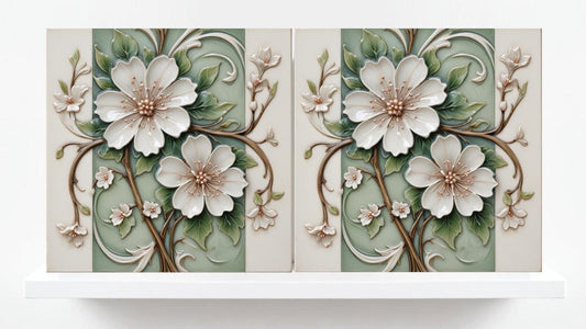 Art Nouveau Flower Ceramic Tiles - Set of 2 Botanical Wall Decor Tiles - Kitchen Backsplash,Shower, Bathroom Wall,Sink Splashback, Fireplace