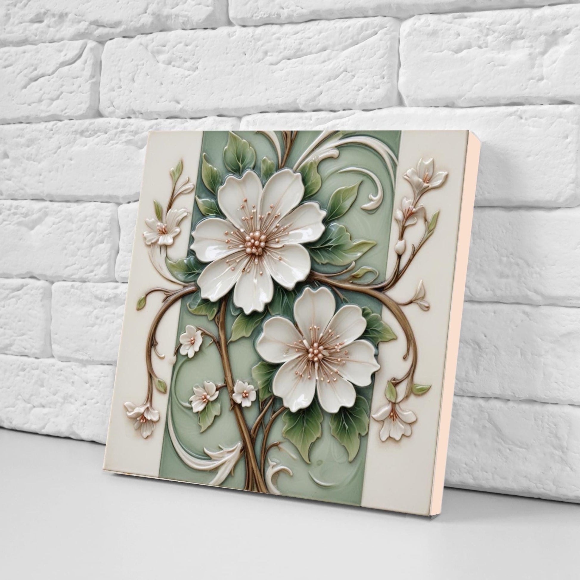 Art Nouveau Flower Ceramic Tiles - Set of 2 Botanical Wall Decor Tiles - Kitchen Backsplash,Shower, Bathroom Wall,Sink Splashback, Fireplace
