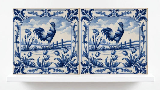 Rooster Tile-Delft Bird-Dutch Blue Ceramic Tile - Set of 2 Ceramic Delftware Tiles-Delft Prints-Kitchen Backsplash,Sink,Bathroom,Shower Wall