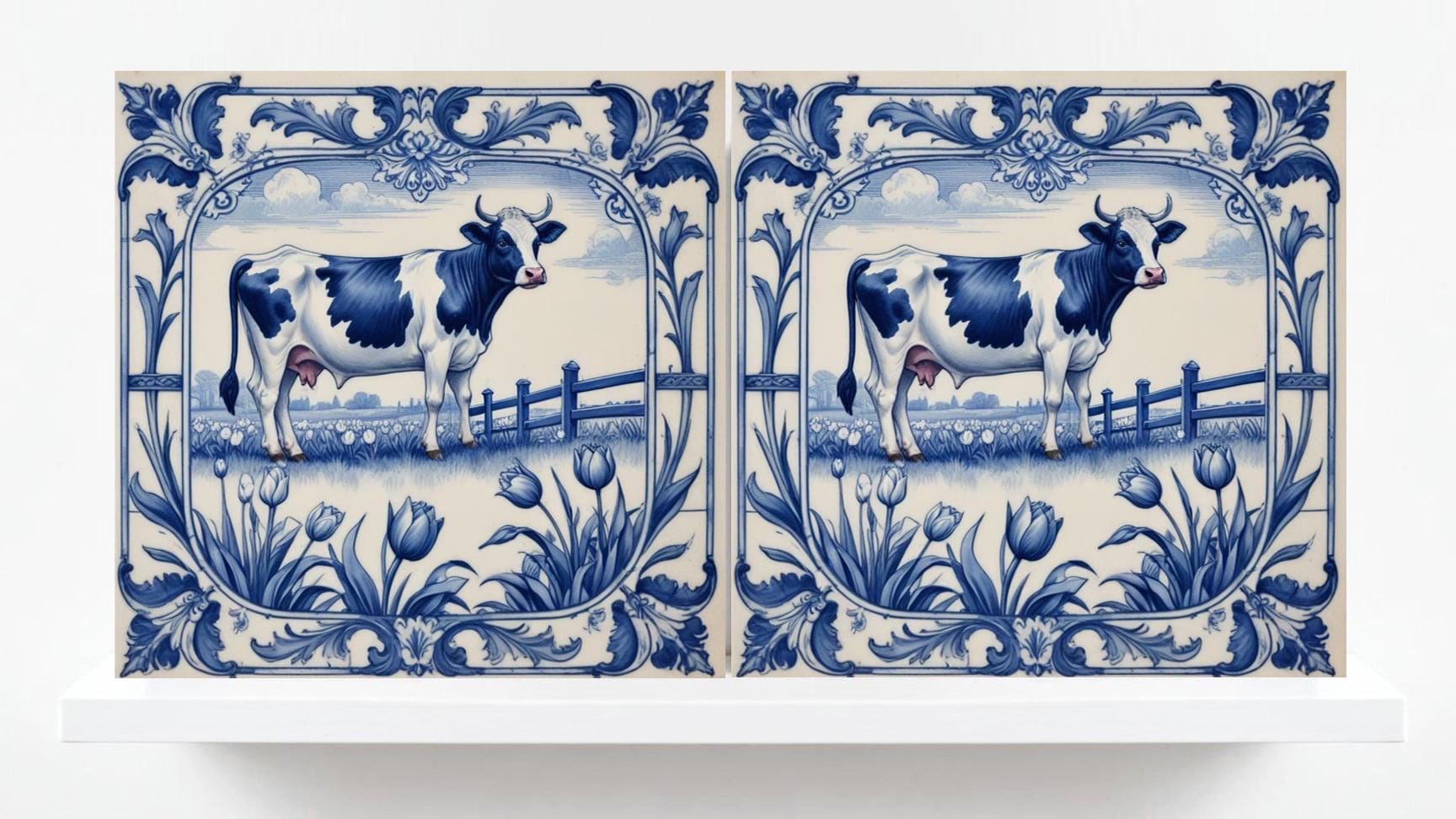 Delft Blue Tile Animal-Cow Tile -Set of 2 Ceramic Delftware Tiles-Delft Prints Countryside Wall Art,Kitchen Backsplash,Sink,Bathroom,Shower