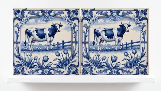 Delft Blue Tile Animal-Cow Tile -Set of 2 Ceramic Delftware Tiles-Delft Prints Countryside Wall Art,Kitchen Backsplash,Sink,Bathroom,Shower