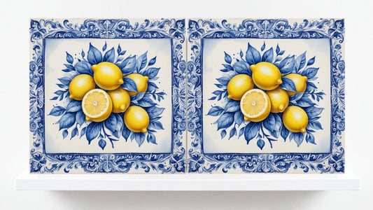 Italian Majolica Lemon Tiles - Set of 2 Italian Wall Decor Tiles - Kitchen Backsplash Tiles, Table Decorative Tiles, Bathroom Tiles, Coaster