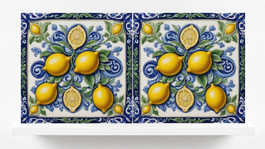 Italian Majolica Lemon Tiles - Set of 2 Mediterranean Wall Decor Tiles -Kitchen Backsplash,Bathroom,Shower Wall,Fireplace,Sink Splashback
